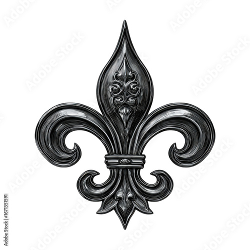 Dark metallic fleur-de-lis emblem. Ornate, detailed design