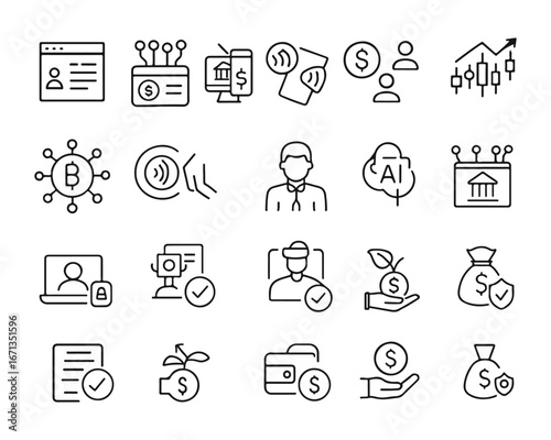 Set of outline icons related to fintech. Linear icon collection