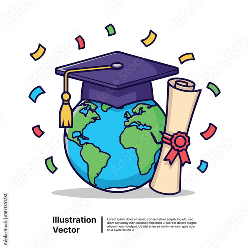 Graduation cap on planet earth with diploma scroll and confetti celebrating global education