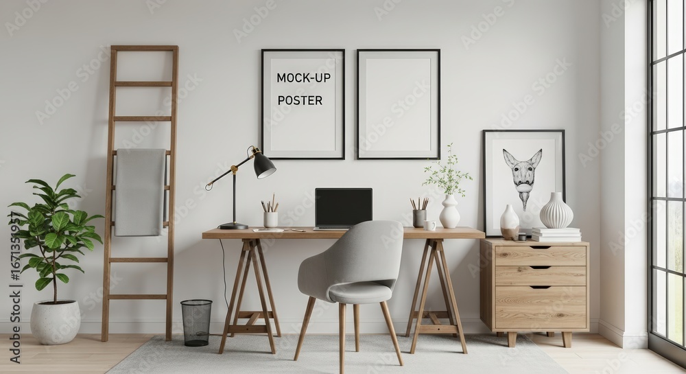 Fototapeta premium Modern Home Office Interior with Mockup Posters featuring Office, Interior, Design, Modern Home Desk Laptop Chair Mockup Poster Frame Blank