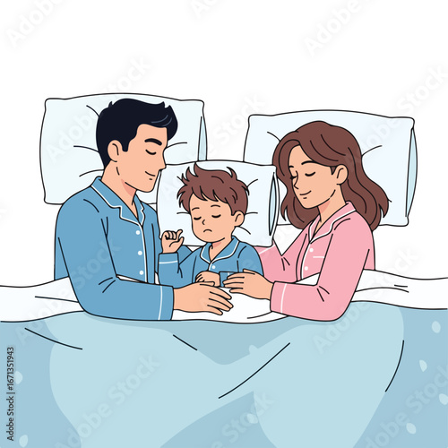 Caring parents in pajamas watch their young son sleep peacefully in a cozy bed a loving family illustration.