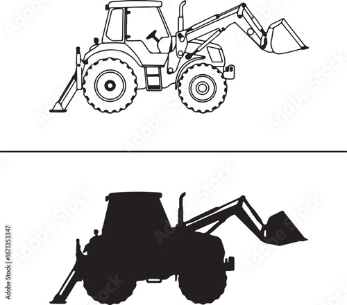 Line Art and Silhouette of a Backhoe Loader with Extended Loader Arm tractor construction vehicle