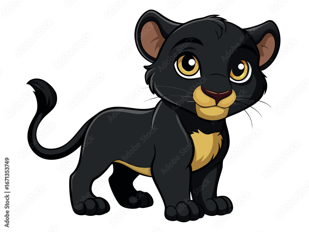 Fototapeta premium Adorable cartoon black panther cub with yellow eyes isolated on white background