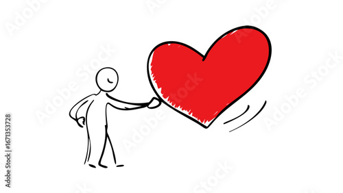 Stick figure holding a red heart, representing love, emotion, and relationship in a simple and symbolic cartoon drawing