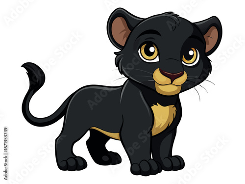 Adorable cartoon black panther cub with yellow eyes isolated on white background