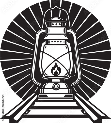 Lit kerosene lantern on railroad tracks with a circular sunburst on a white background oil lamp light