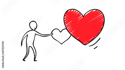 Stick figure holding a white heart and a red heart, representing love, emotion, and relationship in a simple drawing