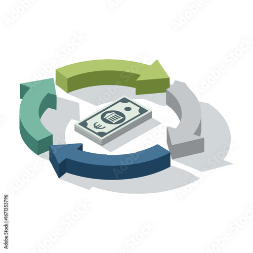 Circular financial flow illustrated with a euro bill at the center, surrounded by arrows representing continuous movement of money.