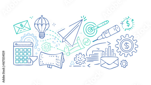 Hand drawn doodle elements depicting marketing strategy, communication, and promotion, ideal for presentations and infographics