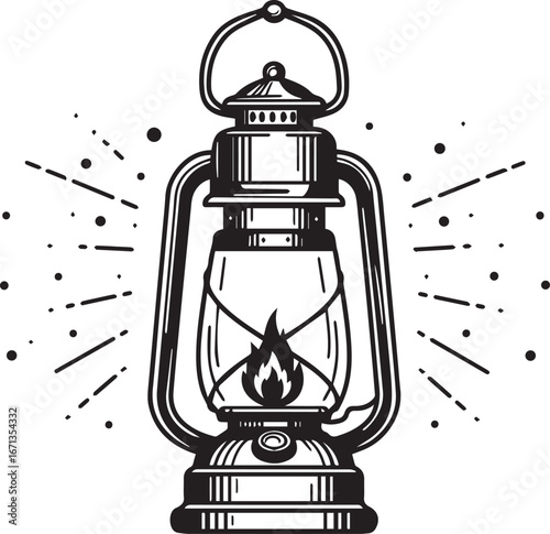 Retro Oil Lantern Illustration with Radiant Light Streaks and Speckles oil lamp kerosene lamp