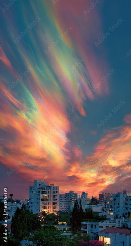 Fototapeta premium City skyline bathed in vibrant sunset, iridescent clouds