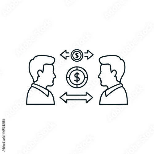 Minimalist outline icon representing a business partnership, financial exchange, investment, and currency transaction between two people