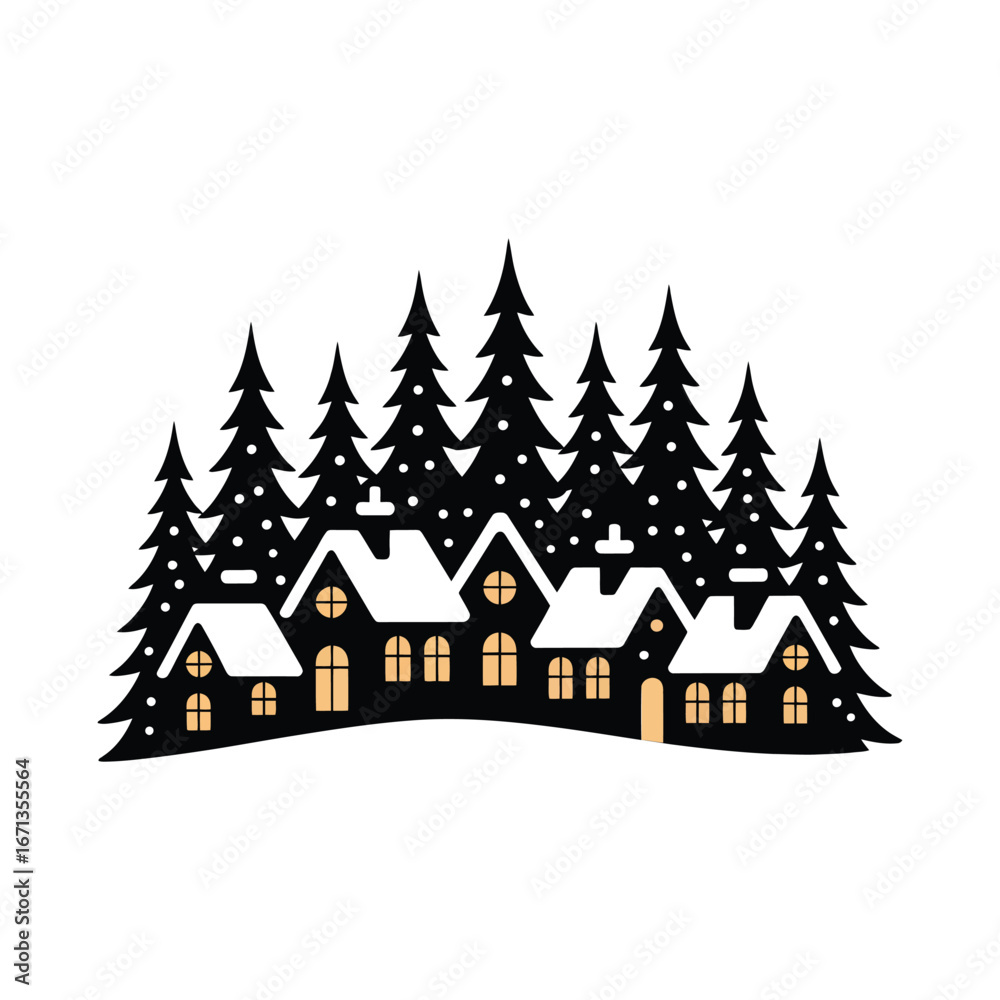Fototapeta premium Winter Village Silhouette Illustration with Snowy Houses and Pine Trees Design