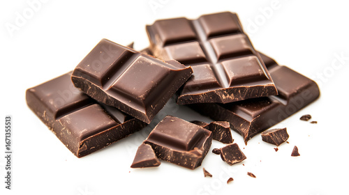 A pile of chocolate bars with some of them broken. Concept of indulgence and temptation, as the chocolate bars are piled high and appear to be ready to be eaten