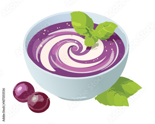Creamy berry swirl yogurt dessert in a bowl, fresh and refreshing treat with fruit garnish - Vector Illustration