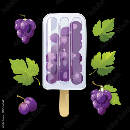 Grape Flavored Popsicle on a Stick, Ready to Eat, with Fresh Grapes Nearby - Vector Illustration