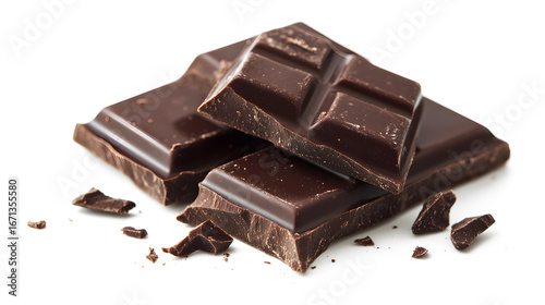 A piece of chocolate with a few pieces missing. The chocolate is dark and has a rich, intense flavor