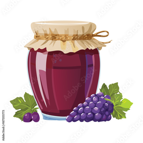 Sweet Grape Preserve in Glass Jar with Whole Grapes and Green Leaves for Food - Vector Illustration