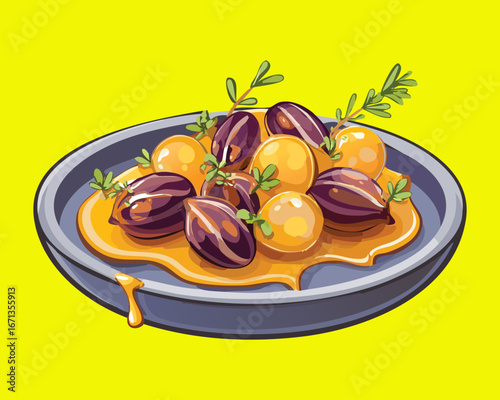 A bowl of delicious green grapes and yellow honey, a refreshing and sweet healthy snack for a summer treat - Vector Illustration