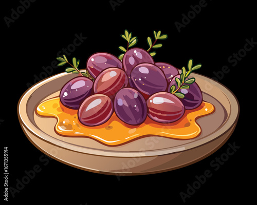 Fresh purple grapes with honey on a wooden plate, healthy fruit snack for summer dessert - Vector Illustration