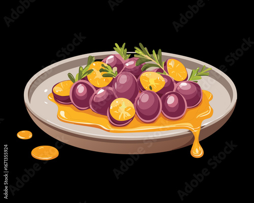 Platter of roasted grapes with a side of cheese and fresh herbs, a unique and savory culinary delight - Vector Illustration