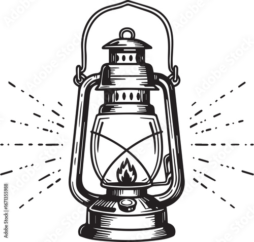 Stylized Vintage Oil Lantern with Bursting Light Rays and Dots oil lamp kerosene lamp