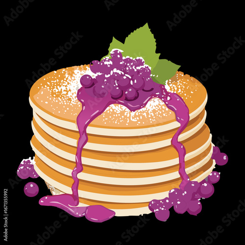 Stack of fluffy pancakes with a generous pour of grape sauce and fresh grapes, sweet breakfast dish - Vector Illustration