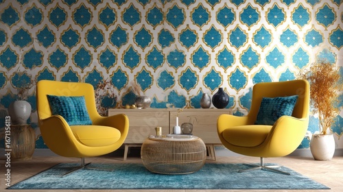 Modern Living Room Interior with Geometric Gold and Blue Moroccan Tile Pattern.