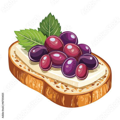 Healthy and delicious toasted bruschetta with fresh grapes and cream cheese, perfect for a light lunch - Vector Illustration