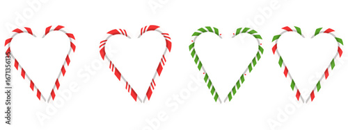 Christmas striped candy frame set. Red and green cane patterns for decorative borders, greeting cards, and banners. Heart shapes in lollipop style.