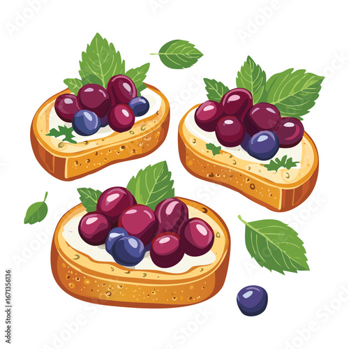 delicious bruschetta toasts with grapes, blueberries, and fresh basil, healthy appetizer - Vector Illustration