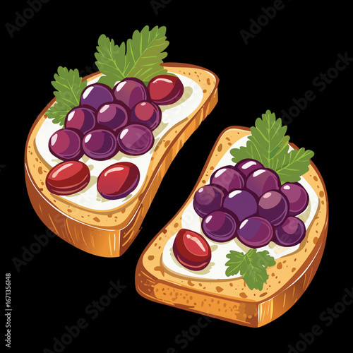 Delicious toasted bruschetta with fresh grapes and blueberries, a tasty and healthy appetizer or snack - Vector Illustration
