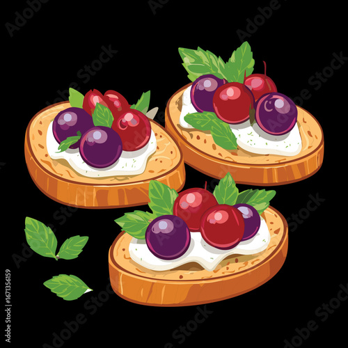 Toasted bruschetta with cream cheese, fresh grapes and blueberries, healthy and delicious breakfast or snack - Vector Illustration