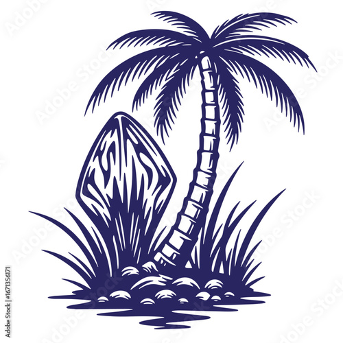 Tropical coastal scene featuring a palm tree surfboard and lush vegetation silhouette