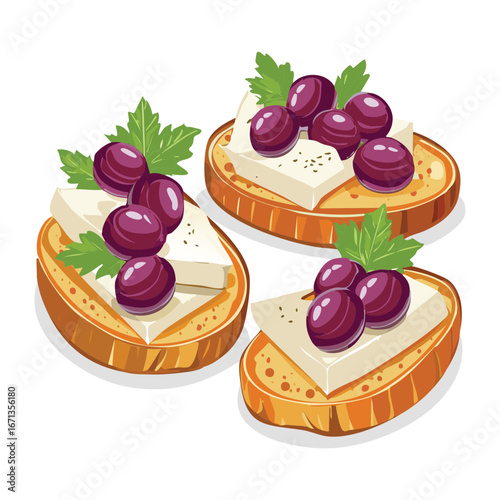  Toasted bruschetta with fresh grapes, cream cheese, and blueberries, a healthy and delicious appetizer - Vector Illustration