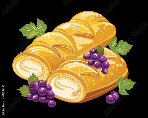 Freshly baked golden pastry rolls with grape filling, a delicious sweet treat for breakfast, brunch or snack - Vector Illustration