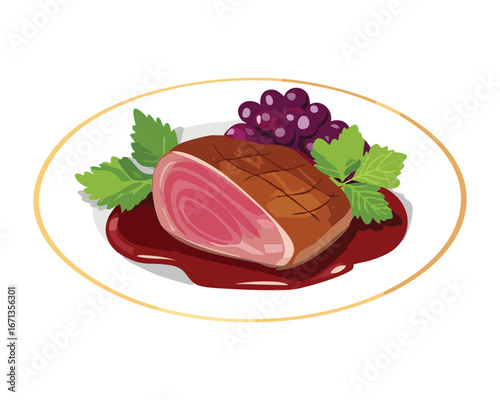 Roasted duck breast with grape sauce, elegant and gourmet meal on a white plate, perfect for a dinner menu - Vector Illustration