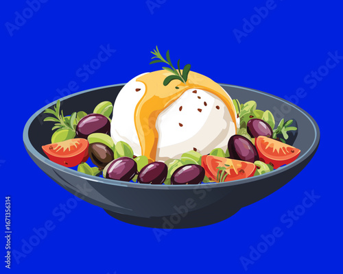 Classic Italian burrata cheese salad with fresh tomatoes and olives on a black plate, elegant appetizer - Vector Illustration