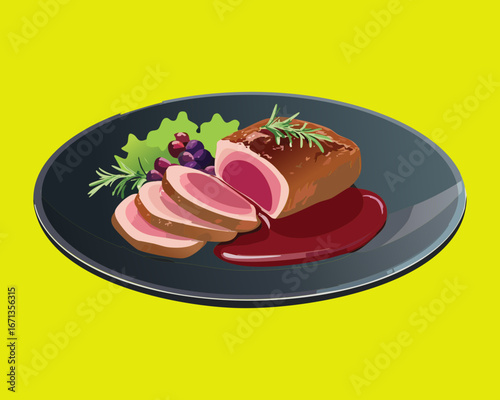 Slices of delicious roasted duck breast served on a black plate with red wine sauce and fresh grapes - Vector Illustration