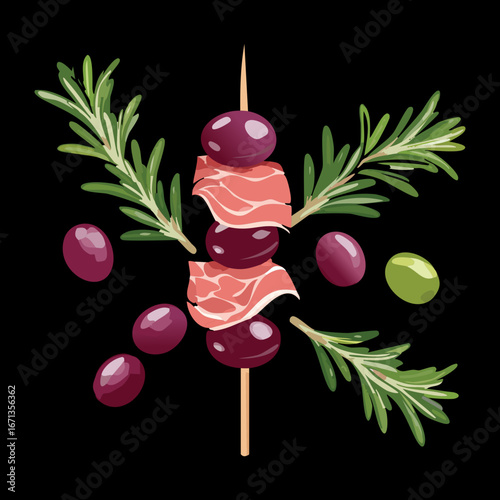 Mediterranean style grilled meat skewers with olives and grapes, savory dish for a healthy meal - Vector Illustration