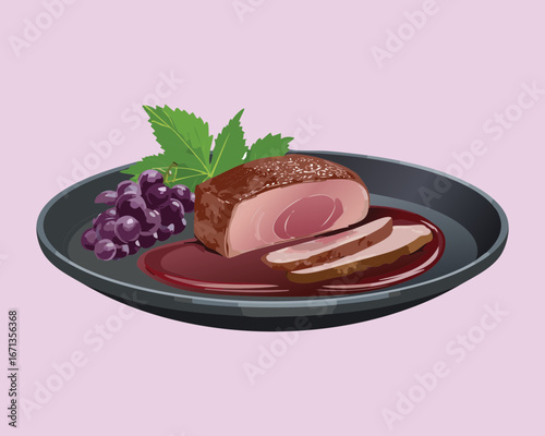 Savory roasted pork loin slices with a side of fresh grapes and green leaves, perfect meal - Vector Illustration