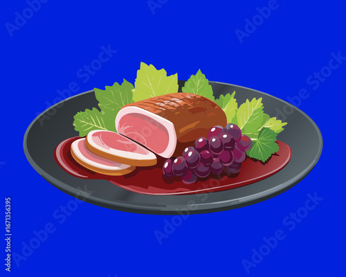 Slices of roasted pork with fresh grapes on a black plate, savory and elegant meat dish - Vector Illustration