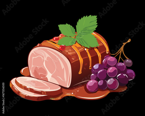 A classic Christmas holiday ham with a glistening glaze and a festive side of fresh grapes - Vector Illustration
