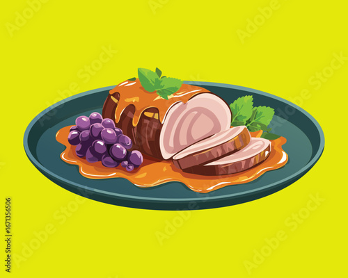 A delicious plate of gourmet roasted ham, served with a sweet grape sauce and parsley garnish - Vector Illustration