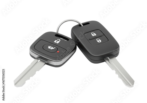 Isolated modern car keys, vehicle key fob remotes with control buttons and metal keyring