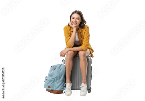 Young woman traveler with suitcase and backpack sitting and smiling, isolated on transparent background
