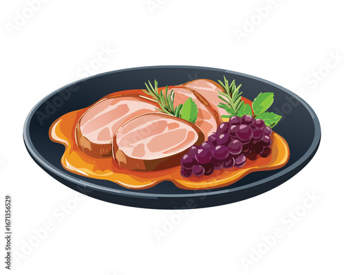 A delightful plate of roasted ham with fresh grapes and rosemary sprigs for a festive meal - Vector Illustration