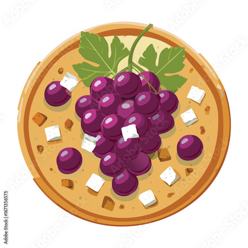 Elegant pizza illustration with beautiful grapes, cheese, and fresh onion for a unique flavor - Vector Illustration