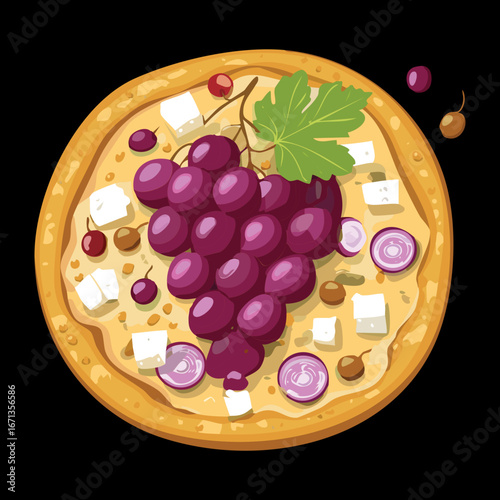 A rustic pizza slice featuring sweet grapes, creamy cheese, and thinly sliced red onion - Vector Illustration