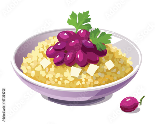 An appetizing illustration of a light and healthy quinoa or couscous bowl with fresh grapes and green herbs on top - Vector Illustration